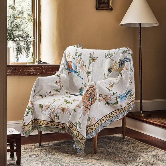Flowers birds tapestry blanket 50"x70" - Picture 1 of 6